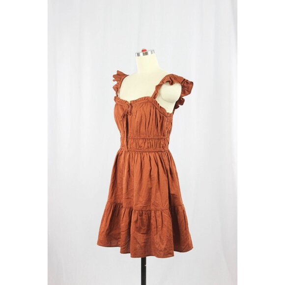 GAP Flutter Sleeve Cinch Waist Copper Beach Brown Cotton Mini Dress, Size S - Picture 6 of 13